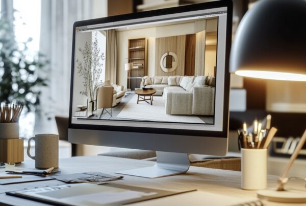 Laptop z wizualizacją 3D wnętrza – projektowanie wnętrz online Simply Concept