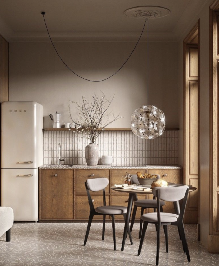 Kuchnia i jadalnia w kawalerce 30 m² – aranżacja w stylu Simply Concept, warm minimalism i drewno