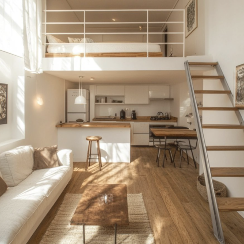 Aranżacja kawalerki z antresolą – funkcjonalne strefy i jasne wnętrze w stylu Simply Concept