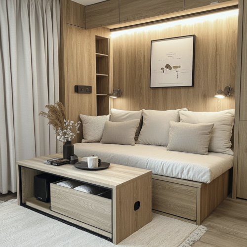 Strefa wypoczynkowa w kawalerce – rozkładana sofa, zabudowa meblowa i styl Simply Concept