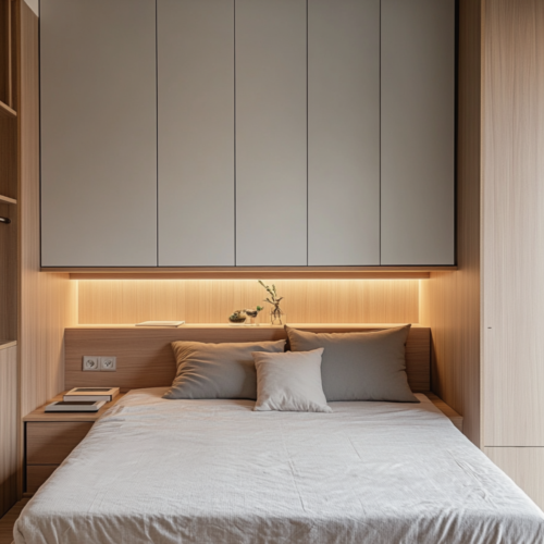 Sypialnia w kawalerce 30 m² – funkcjonalna zabudowa i styl warm minimalism według Simply Concept