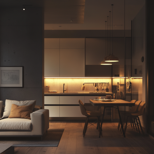 Kompaktowa kuchnia z jadalnią w kawalerce – styl warm minimalism i projekt Simply Concept