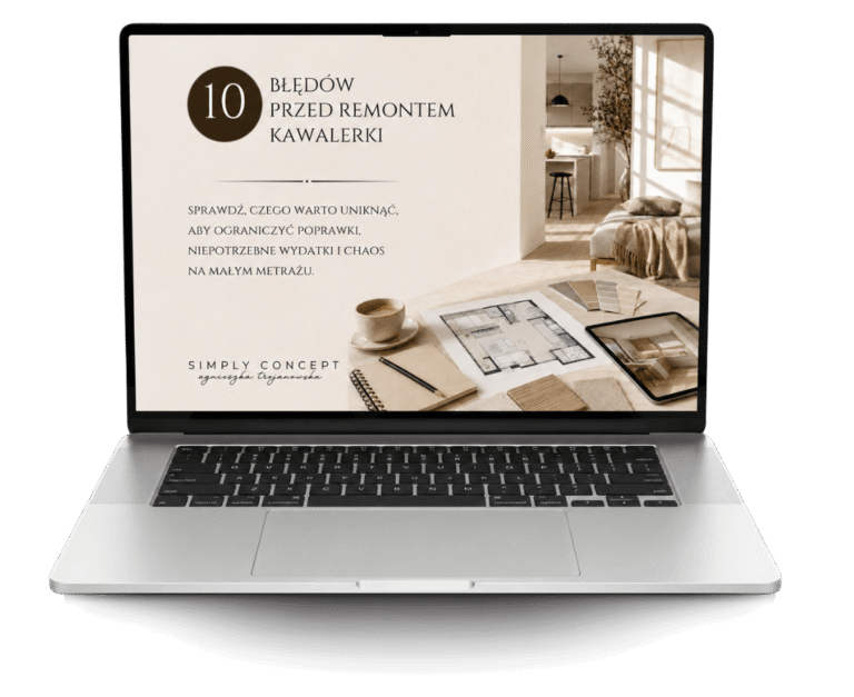 Laptop z bezpłatnym przewodnikiem „10 błędów przed remontem kawalerki” od Simply Concept